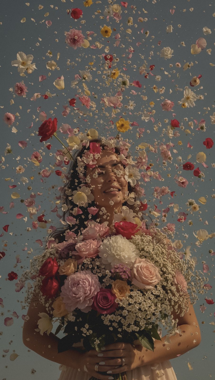 Woman laughing beneath a shower of petals, holding an abundant bouquet