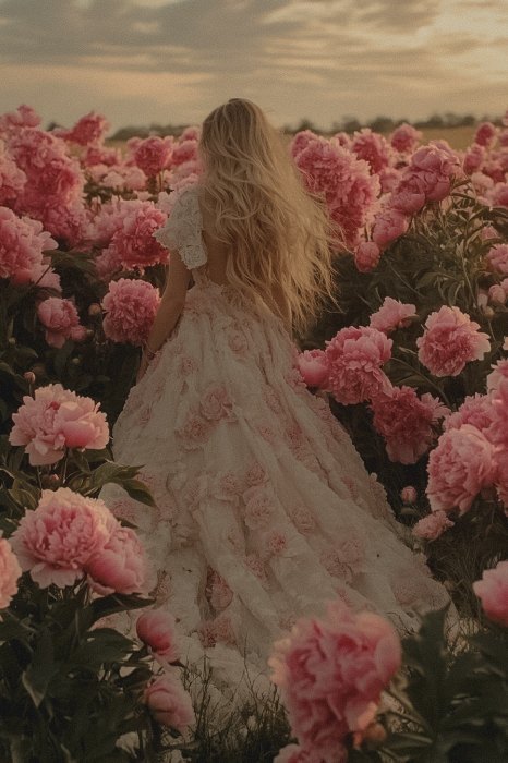 Woman in a flowing floral gown walking through a field of pink peonies at dusk