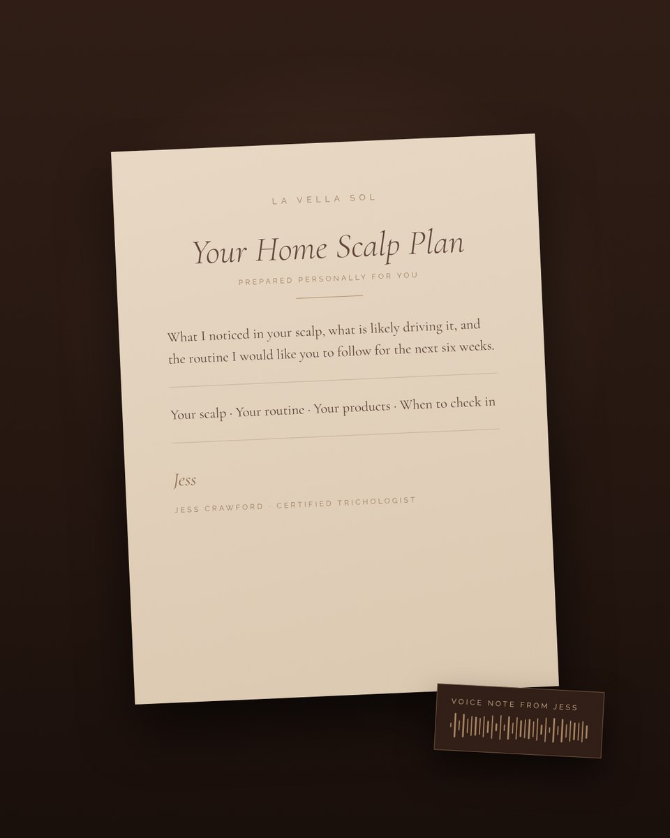 A personal Home Scalp Plan letter from Jess Crawford, with a voice note card, on a walnut surface